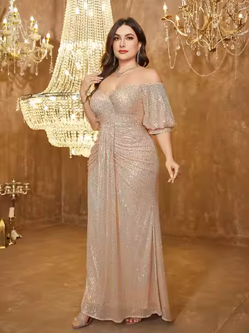 UNITHORSE Plus Size Women's Off-Shoulder Backless Sequins Bodycon Party Elegant Evening Dress
