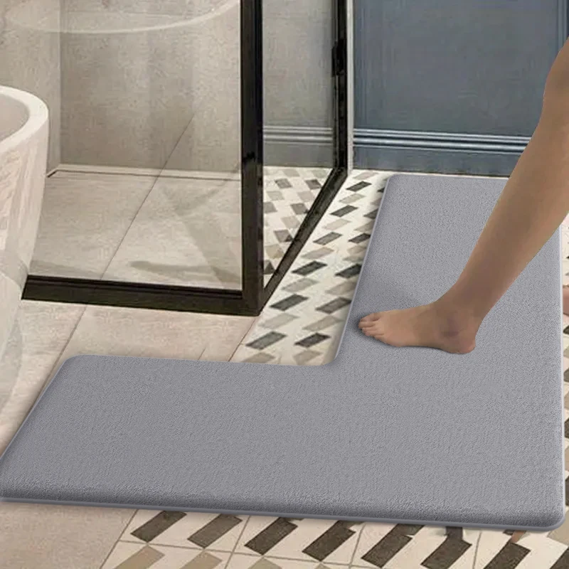 Einfarbige Duschraum-L-förmige saugfähige Fußmatte aus Flanell für Badezimmer, rutschfeste Bodenmatte, WC-Türmatte