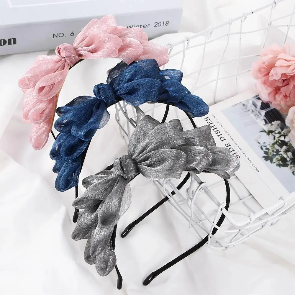 Fashion Shining Ribbon Big Bow Floral Hair Hoop Women Hair Accessories Flower Lace Bow Head Band For Girl Female Headwear