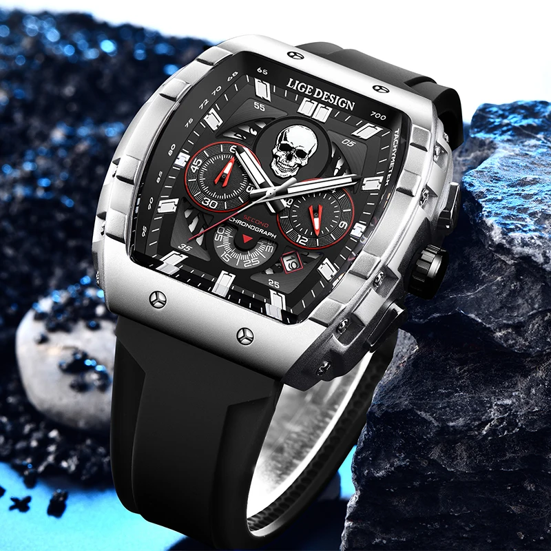 LIGE Watch Skull Style Men Watch Silicone Luminous Quartz Watches Military Wateproof Auto Date Chronograph Skeleton reloj hombre