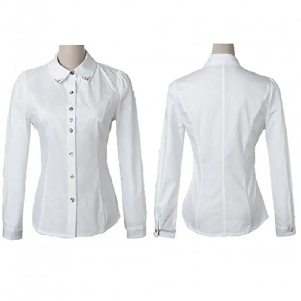 Camisa de algodón con cuello vuelto, blusa ajustada de manga larga, Tops con cuello, camisa informal Formal para oficina