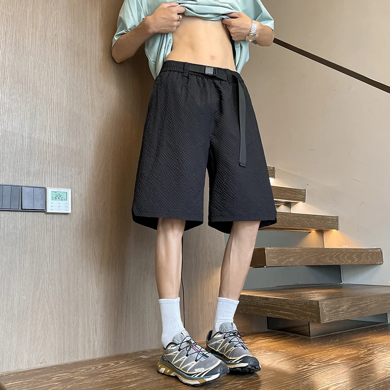

2025 Summer Casual Shorts for Men's Ice Silk Light and Quick Dry Adjustable Belt Trendy Sports Centre Pants Black Navy M-5XL