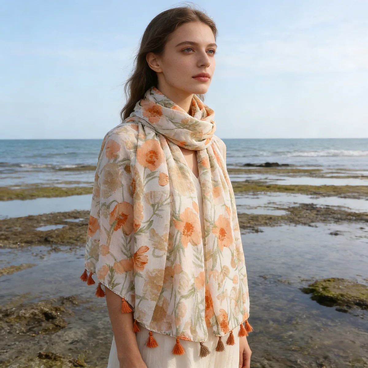 Women's Orange & Brown Poppy Floral Print Scarf, Lightweight Breathable Polyester Neck Scarf, 88x180cm Large Decorative Shawl, C