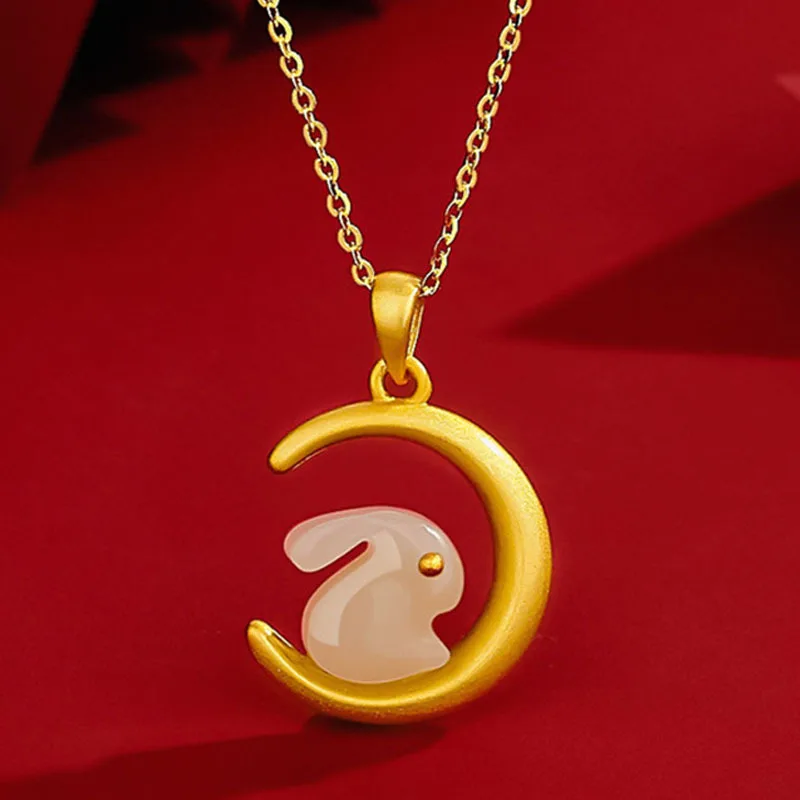 

3d Jade Rabbit Moon Pendant Necklace with O Chain for Women Bride Wedding Bridal Jewelry Necklace Accessories Gifts