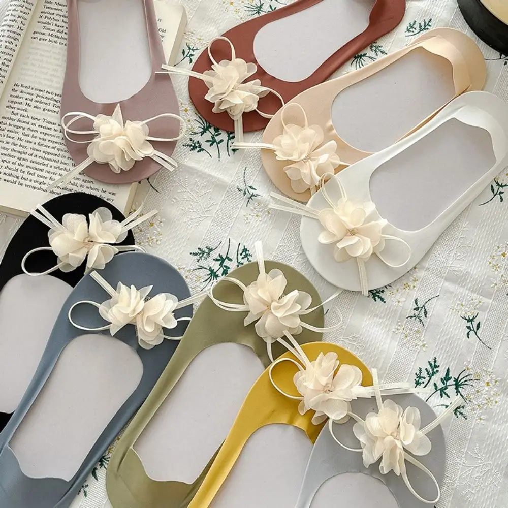 

Casual Soft Flower Socks Comfortable Elastic Ice Silk Boat Socks Ultra-thin Sox Bow Hosiery Women
