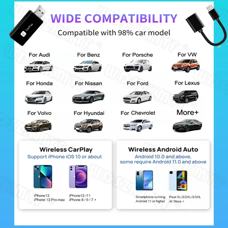 2 w 1 bezprzewodowy Apple Carplay Android Auto Mini Box BT podłączony do Adapter bezprzewodowy USB/typu C do radia samochodowego z przewodowym CarPlay