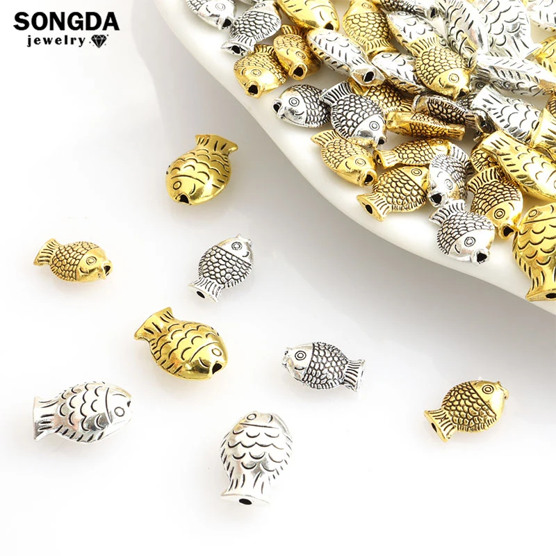 Mix 10pcs Fish Spacer Beads Charm 2 Colors Fish Small Hole Metal Loose Bead for Jewelry Making Necklace Bracelet DIY Accessories