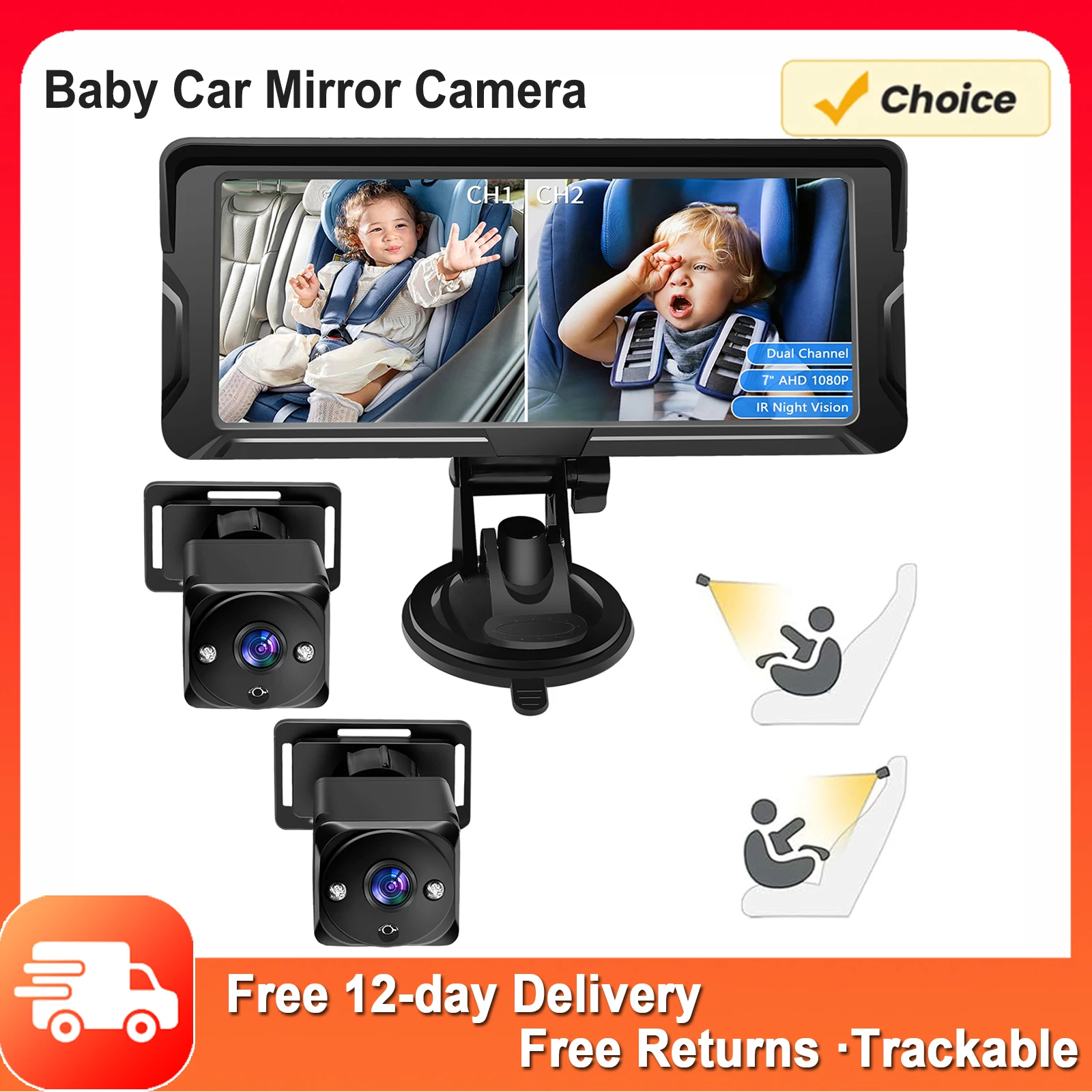 

Детская автомобильная камера, двухканальная, 7 дюймов, 1080P, детская камера с 2 ИК-камерами ночного видения/150 ° Широкий угол обзора для заднего сиденья