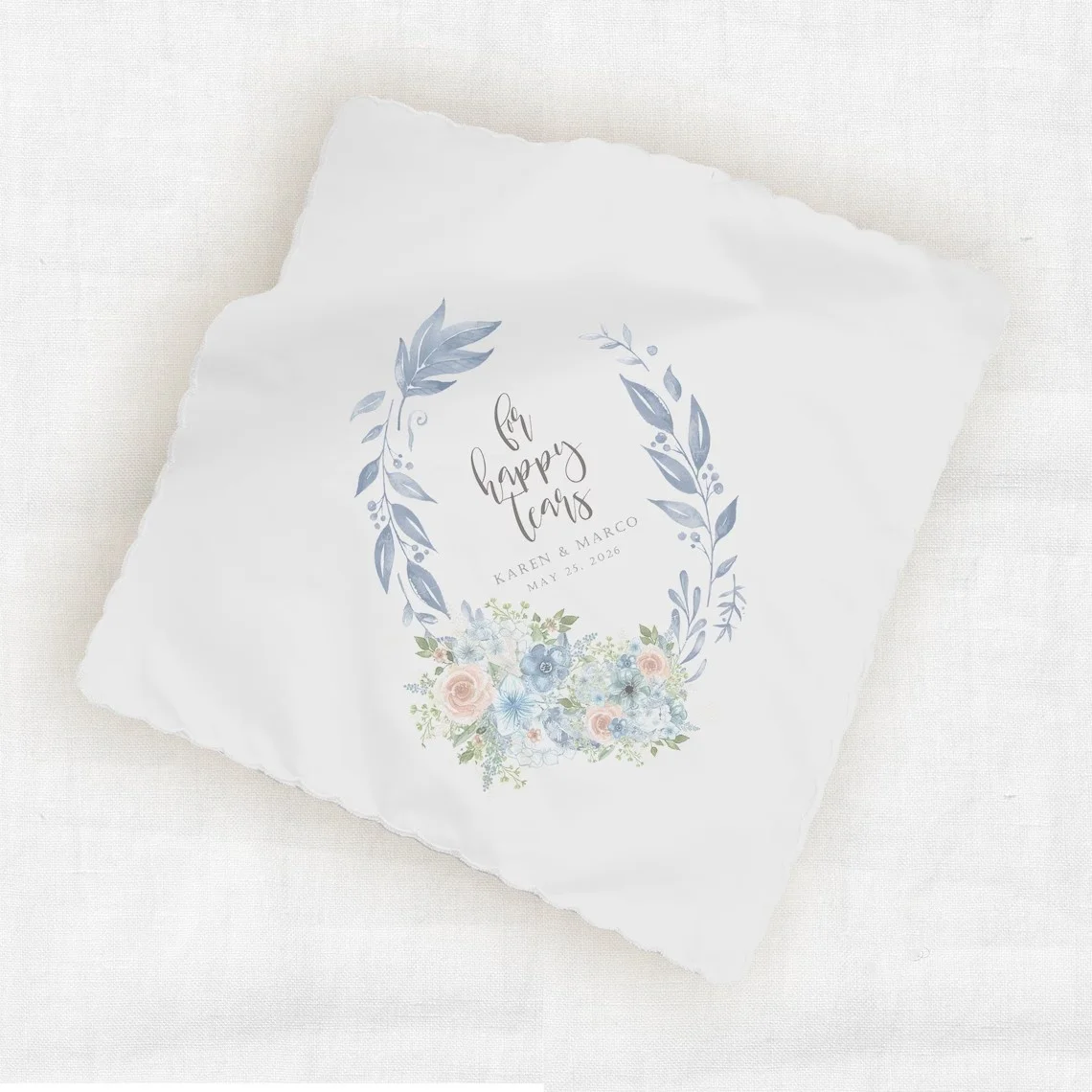 Blue Floral Hankie Keepsake Gift for Wedding Day, For Happy Tears Wedding Handkerchief, Personalized with Names of Bride and Gro