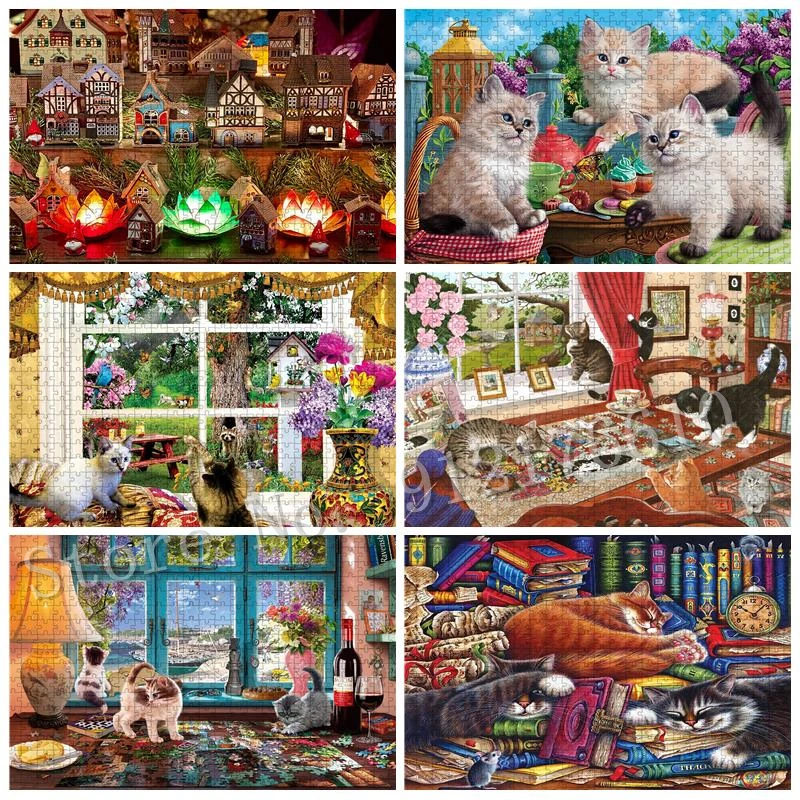 Funny Cat Jigsaw Puzzle Cute Cat Wines Lotus Lantern 300/500/1000 Pieces Puzzlef for Adults Garden Farm Kitchen Decoration Gift