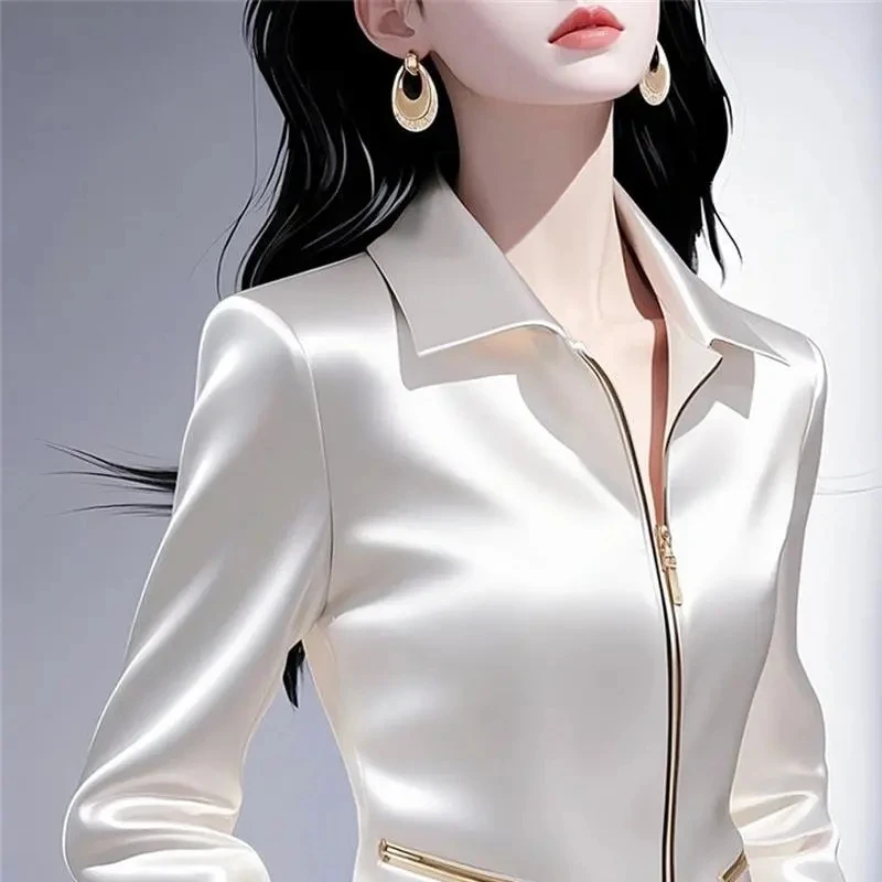 

2025 Spring New Chic Satin Shirts Women's Fashion Sweet Slim Super Nice Tight Waist Zipper Long Sleeve Shirts Tops