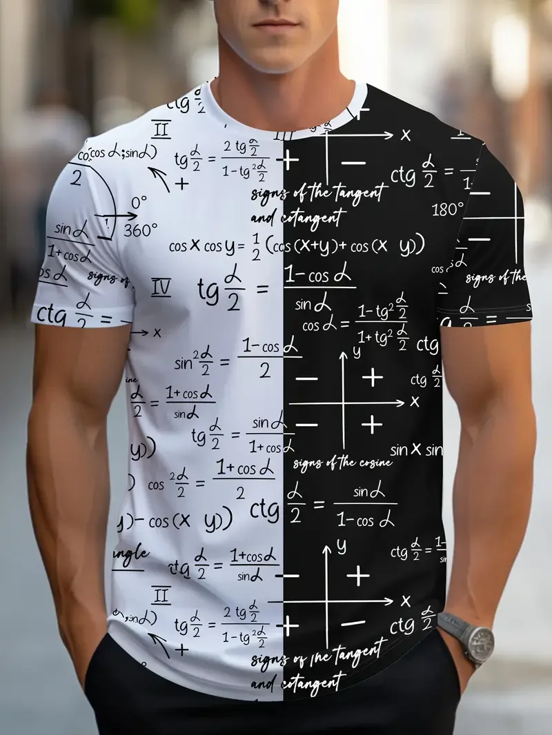 Men's T-shirt Mathematical Element Pattern Tees Summer Men's Creative Color Block Short Sleeve Black T-shirt Outdoor Tops