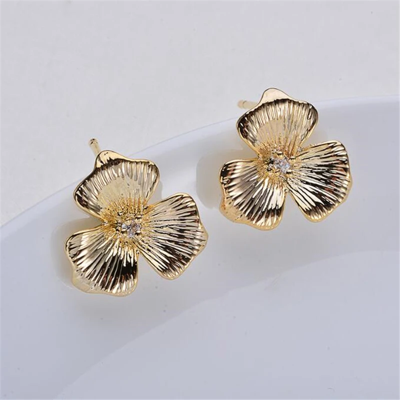 New Real Gold Plated Brass CZ Crystal Flower Ear Stud Hooks For DIY Earrings Jewelry Making Crafts Ear Needle Accessories