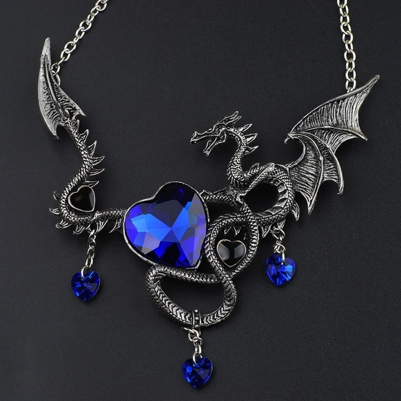 Gothic Heart-Shaped Men\'s Pendant Necklace Zircon Inlaid Fashion Jewelry Dragon Personality Punk Hip Hop Domineering Necklace