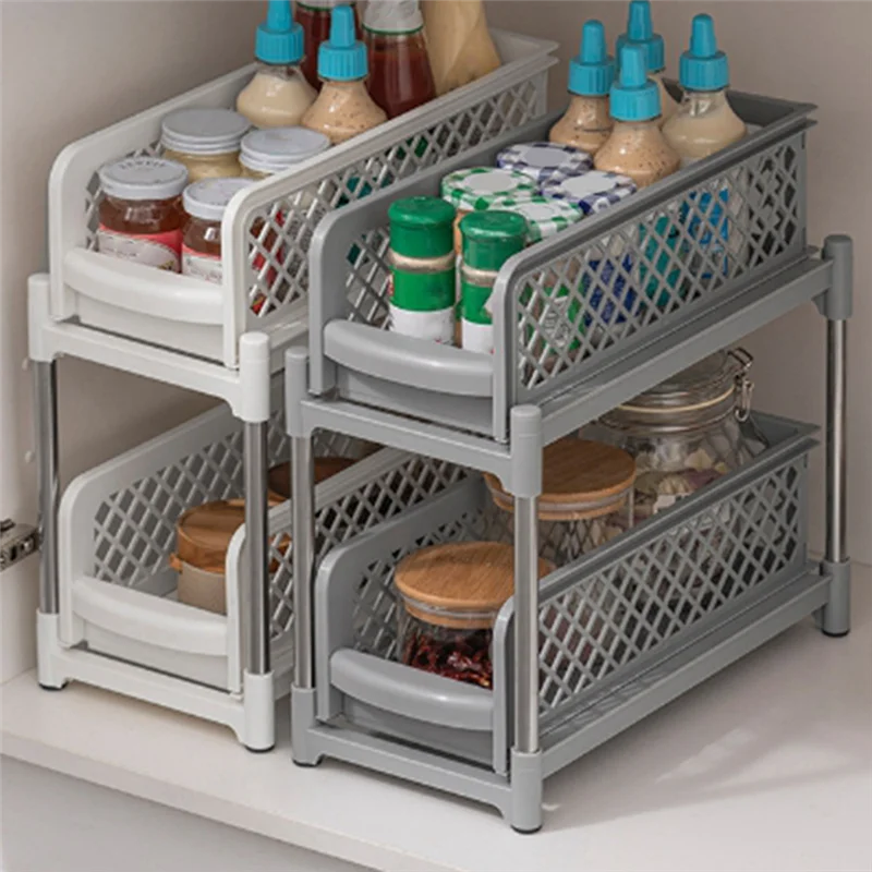 Organizer a 2 strati dal design salvaspazio con cassetti estraibili, armadietto scorrevole per bagno e cucina-ABXK