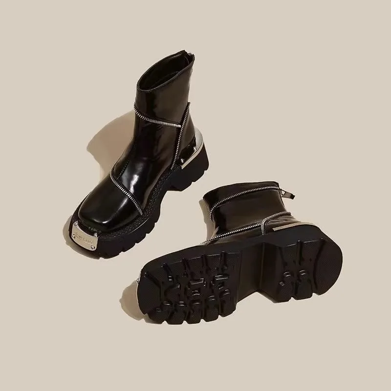 Botas góticas de sola grossa de dedo redondo para mulheres, antiderrapante, preto, alta qualidade, moda de rua, sapatos femininos, 2023