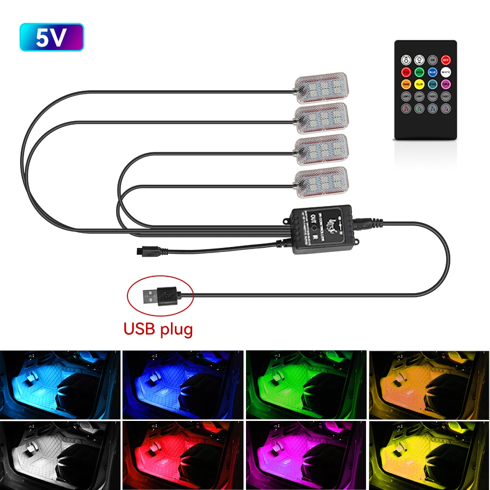 Auto Led Fuß Umgebungs Mit USB Zigarette Leichter Hintergrundbeleuchtung Musik Steuerung App RGB Auto Innen Dekorative Atmosphäre Lichter