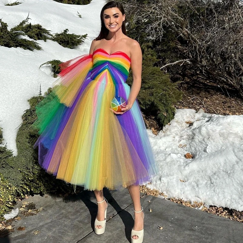 Sweet Rainbow Tulle Women Summer Dress Fashion Coloful Mesh Strapless Prom Party Dresses Cute Female Gowns For Brithday Party