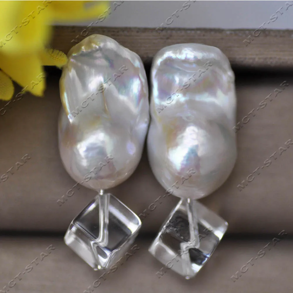 MTC·STAR A+ Real Clean Natural Cube Crystal 25mm White Baroque Reborn Keshi Pearl Stud Earring (Z14079)