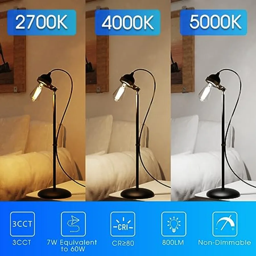 ST58/ST18, LED Filament Light Bulbs, 3CCT, 2700K/4000K/5000K, High Brightness, 7W, 60 W Equivalent, Classic Clear Glass, E26, 4 view 4