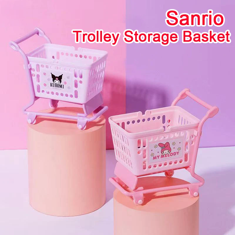 MINISO Sanrio Mini Cart Desktop Storage Box Hello Kitty Kuromi Organizer Basket Cosmetics Toiletries Classification Basket Gifts