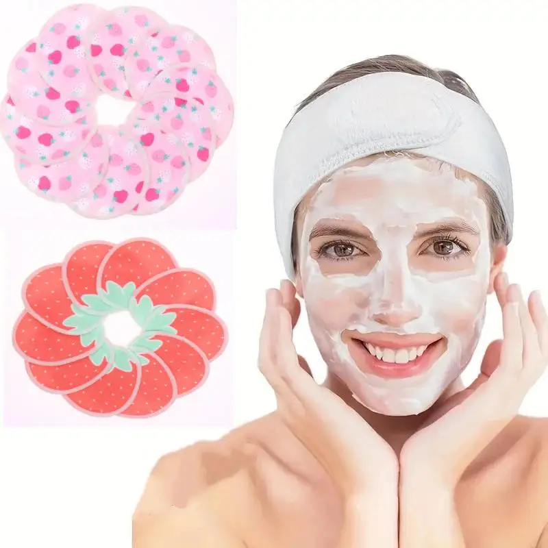 10개/세트 메이크업 리무버 패드 도구 더블 레이어 딸기 프린트 세척 가능 재사용 가능한 페이셜 클리닝 코튼 메이크업 도구