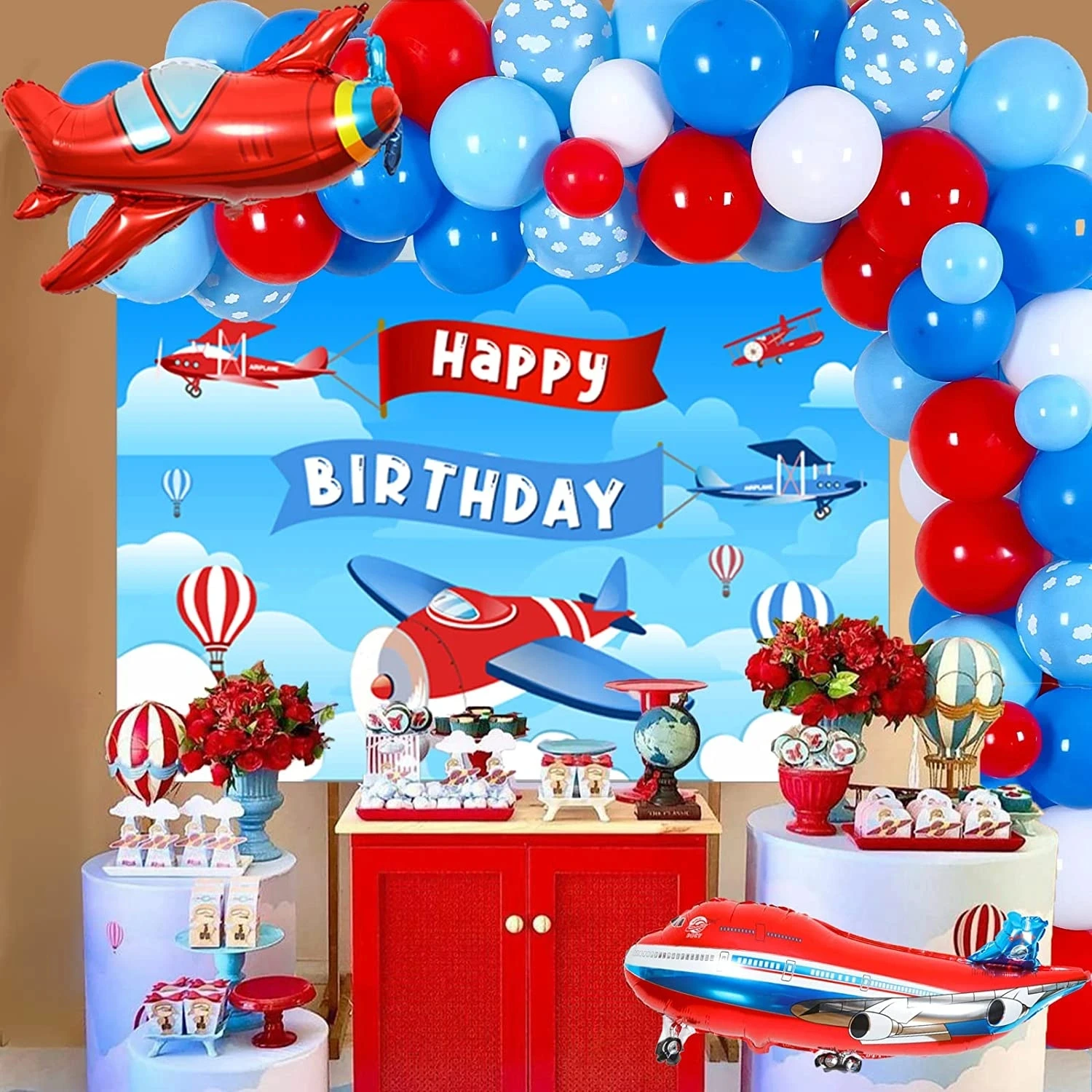 Conjunto de arco y corona de globos con temática roja de avión retro, decoración de escena, fiesta de cumpleaños, modelo de avión, 113 piezas