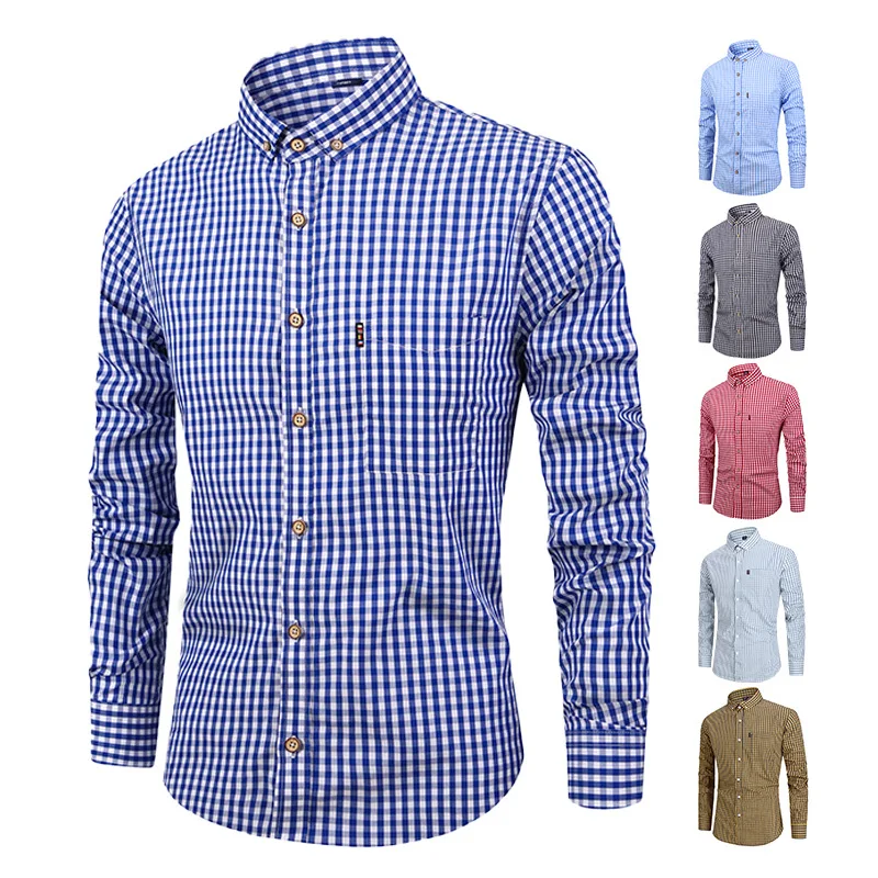 New American size men\'s short-sleeved shirt plus size 100% cotton Oxford fashion plaid non-ironing High quality breathable