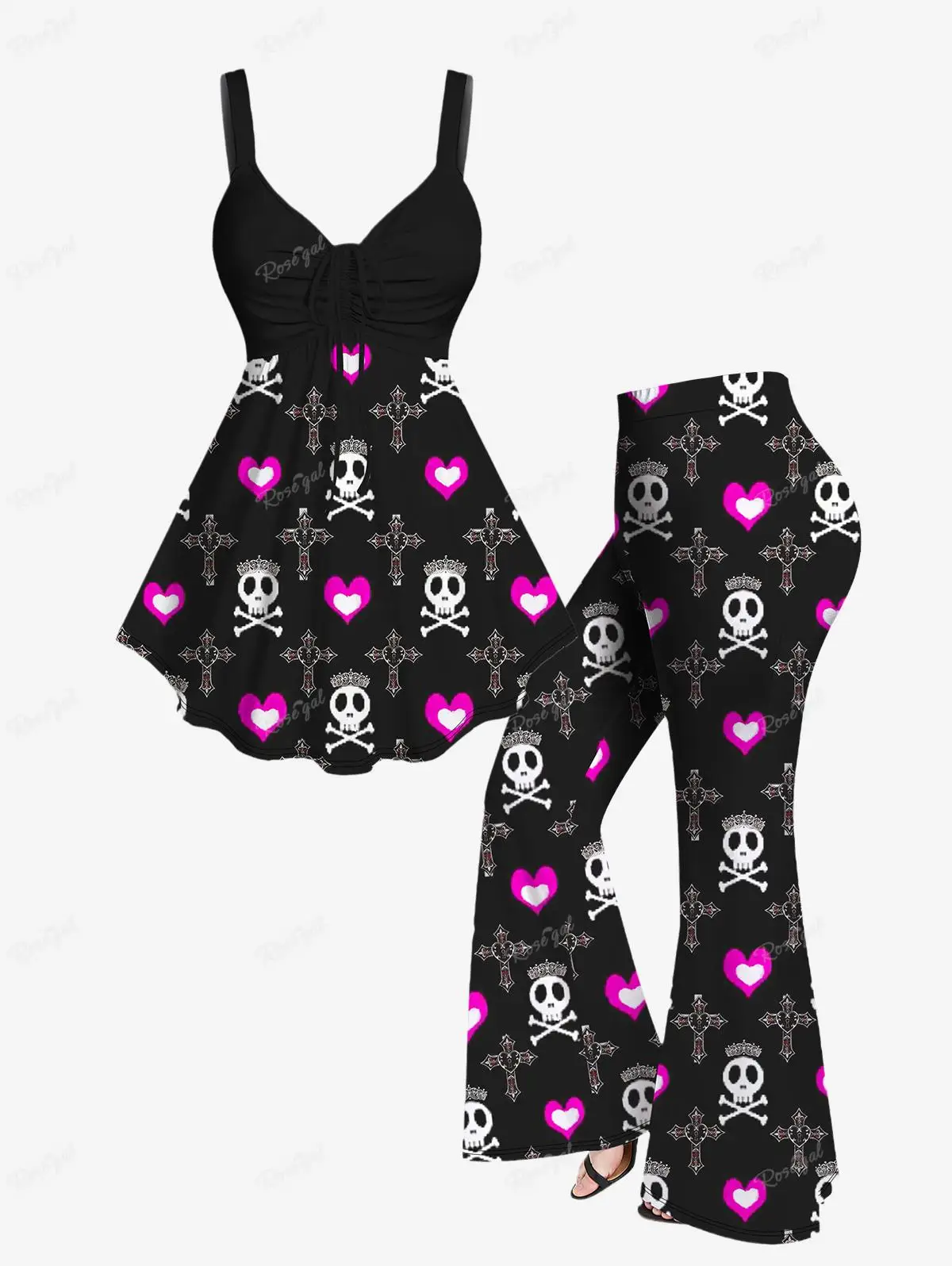 Plus Size Valentine's Day Cinched Tank Top and Flare Pants Outfit para mujeres 2 piezas Skull Heart Cross Crown Bone Printed