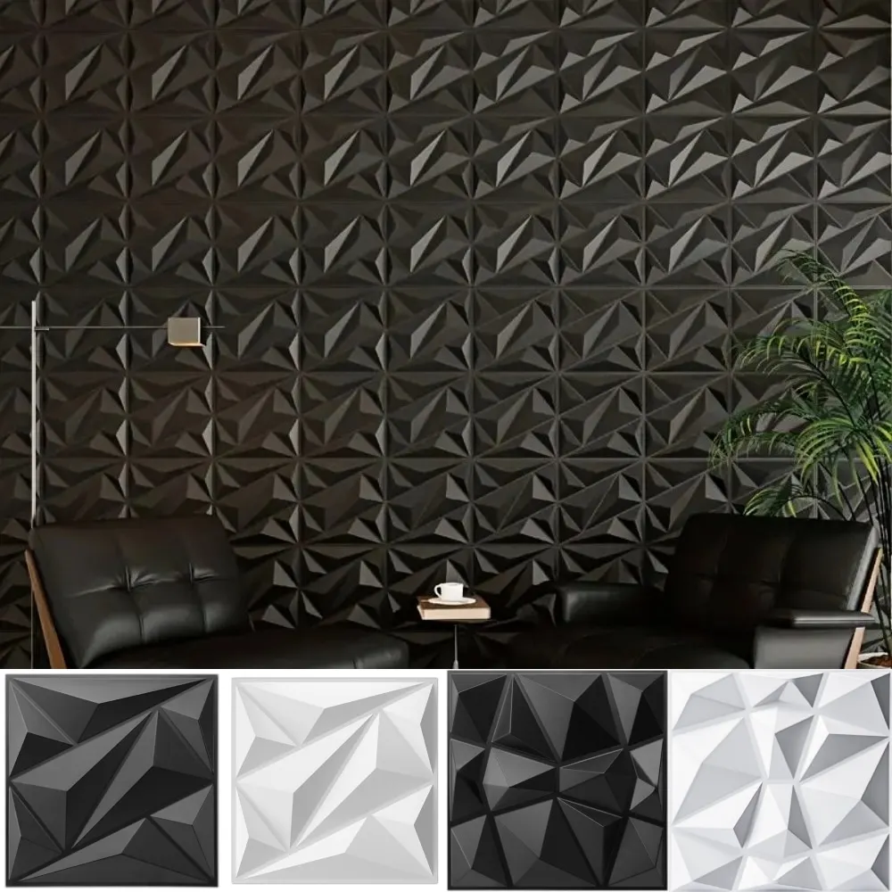 10 peças painel de parede 3d decorado com design de diamante, 30cm x 30cm branco fosco/preto, decoração de casa diy