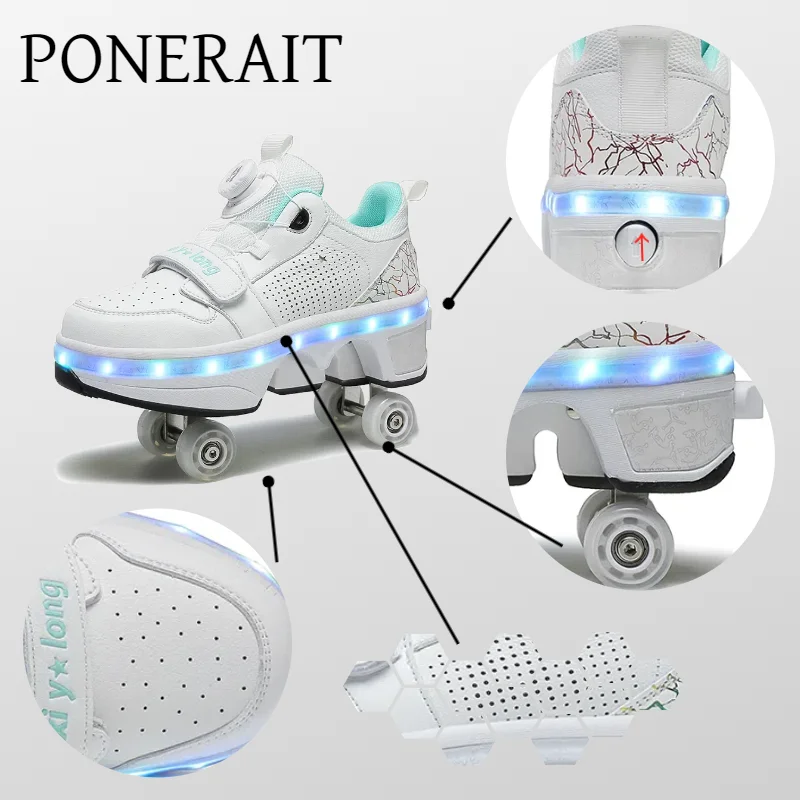 PONERAIT Roller Shoes USB Charging LED Light Up Boys Girls 4 Wheel Sneaker Stylish Adult Casual Skateboarding Skates Sports Shoe