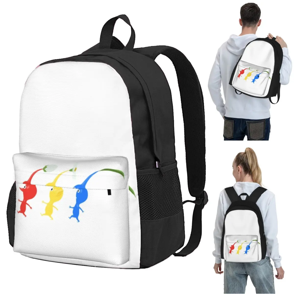 3 Pikmin Running (on Grey) Backpack Student BookBag Kids School Bag Laptop Shoulder Bags for Boys Girls