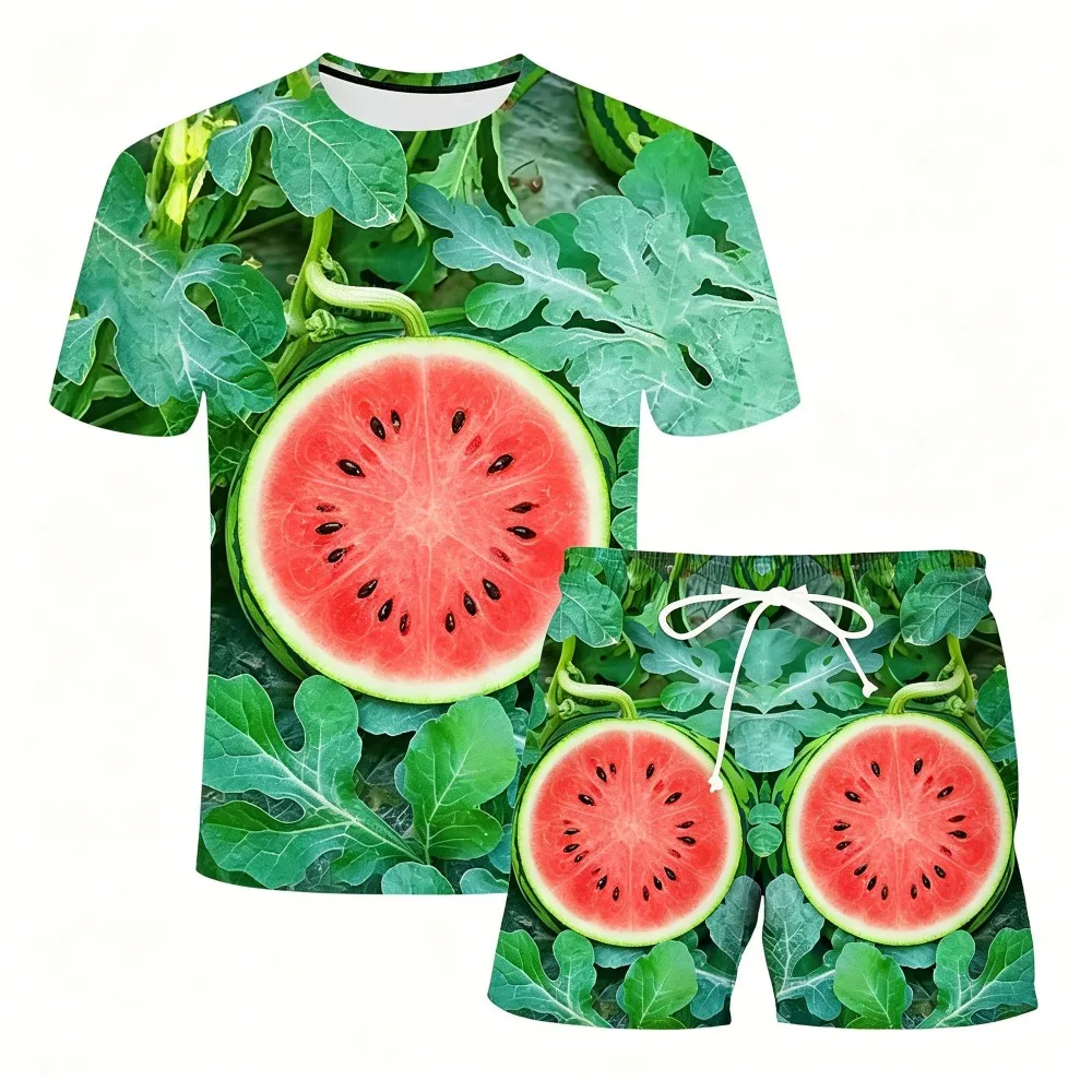 2026 Hot-SellingSummer Trend Watermelon Pattern Shirt 3D Printed T-Shirt Set Creative Pattern T-Shirt Fun Crew Neck Short Sleeve
