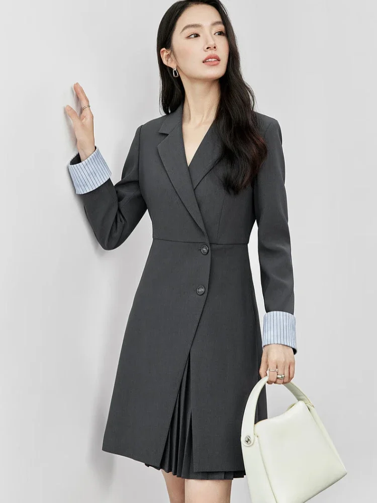 SENTUBILA Office Lady Mini Blazer Dresses Women 2024 Autumn Patchwork Pleated Notched Collar Dress Female Clothing Q43L57148