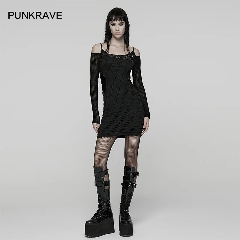 

PUNK RAVE Women's Punk Slim Bodycon Stretch Knit Mesh Skirt Neck Line Outstanding Elegance Splicing Cool Vibe Club Mini Dresses
