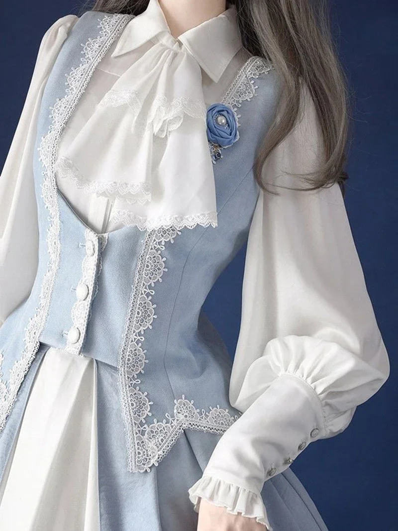 Lay Down Collar Shirt Lolita Lace Tops Long Sleeve Women Formal Frill Jabot Tie Button Work Shirt Victorian Costume