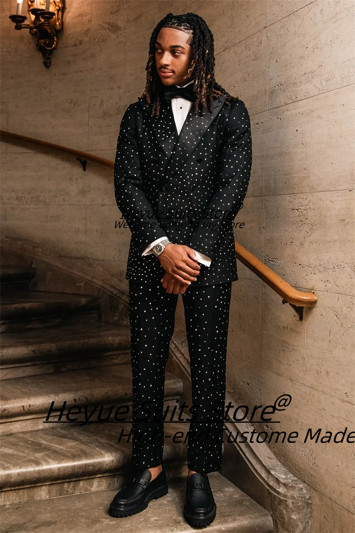 

Fashion Cool Black Double Breasted Prom Men Suits Luxurious Beadings Groom Wedding Tuxedos 2 Pieces Sets Male Party Blazers