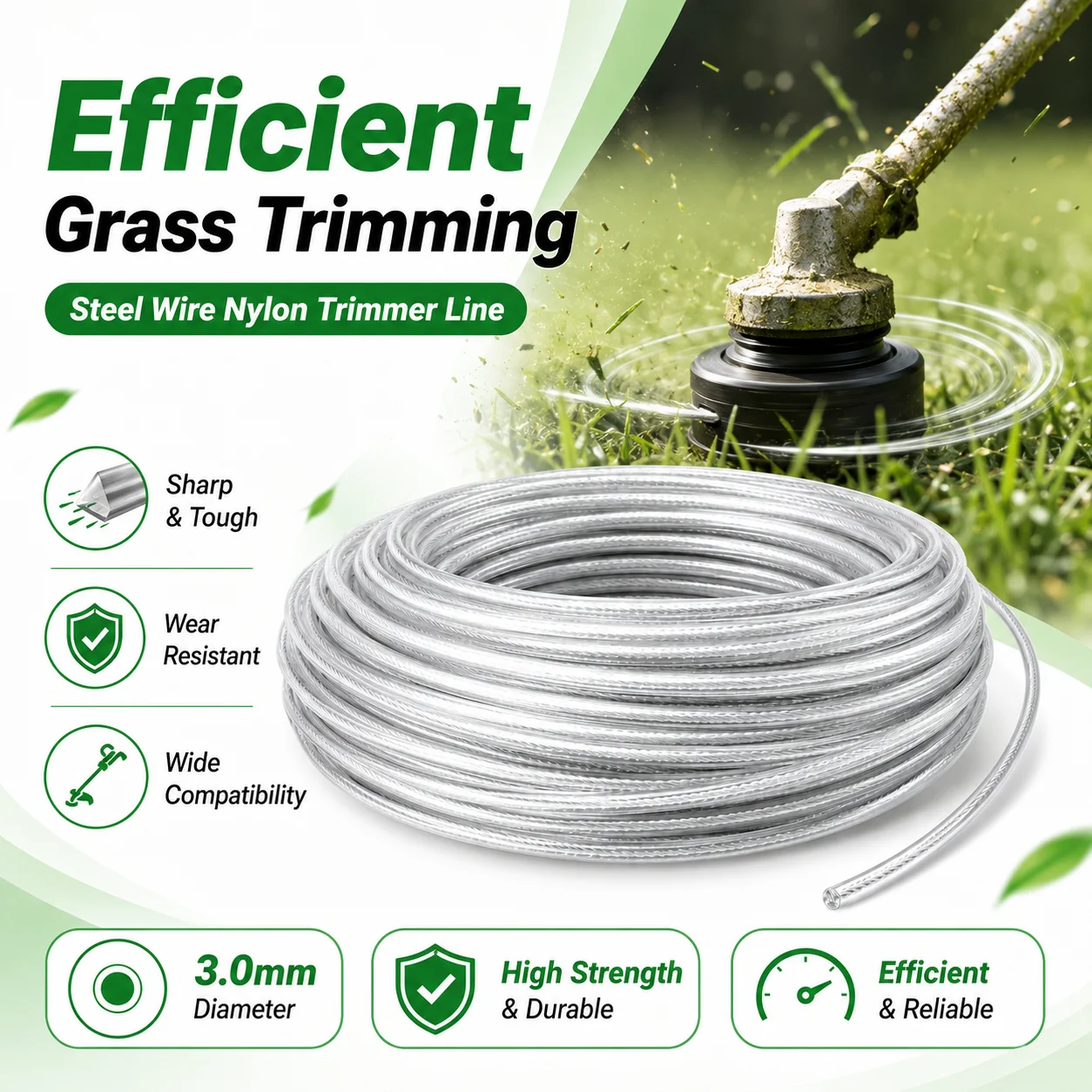 Fio de Nylon para Roçadeira de Aço 5M/10M/15M, Corda para Roçadeira, Cabo para Cortador de Grama, Rolo de Reposição Redondo Durável para Corte de Grama