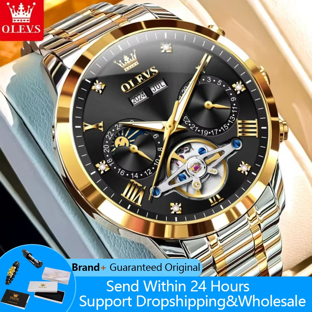 

OLEVS 7029 мужские автоматические механические часы, роскошные оригинальные мужские наручные часы со скелетом, деловые лучшие брендовые часы Moon для мужчин