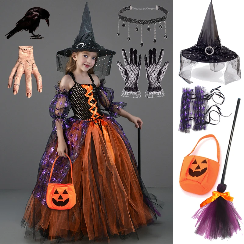 Halloween Witch Dress Baby Girls Luxurious Witch Costumes Halloween Witch Cosplay TuTu Dress Children Halloween Party Clothings