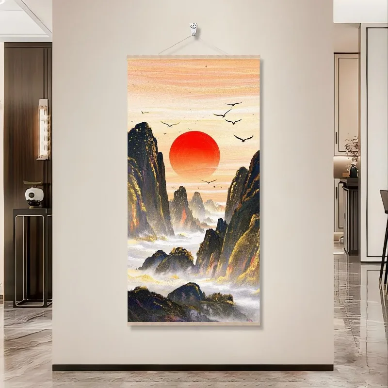 Ink Decorative Painting Wall Hanging Golden Sunrise Mountain Landscape for Living Room Entrance Aesthetic Room Decoration