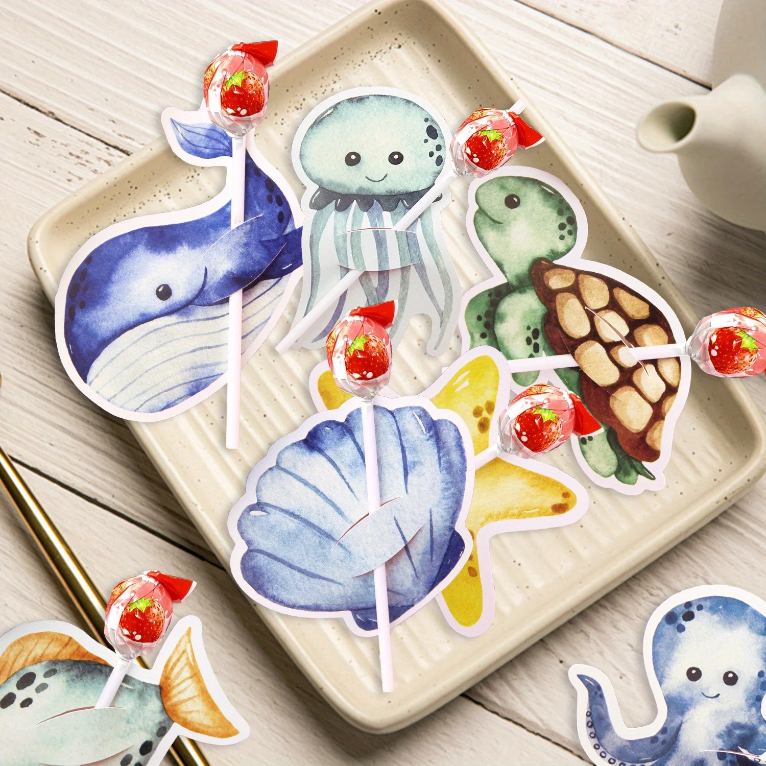 48 قطعة من بطاقات المصاصة المعبأة على شكل حيوانات البحر الكرتونية تحت حلوى حيوانات البحر (مع التعبئة والتغليف) لديكور حفلات أعياد الميلاد