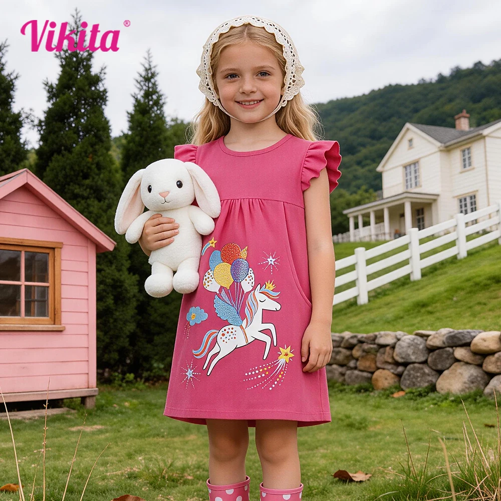 Girls Flutter Sleeve Summer Cotton Casual Dress Kids Balloon Unicorn Print Dress with Pockets Girl Soft Pink Straight Daily Wear