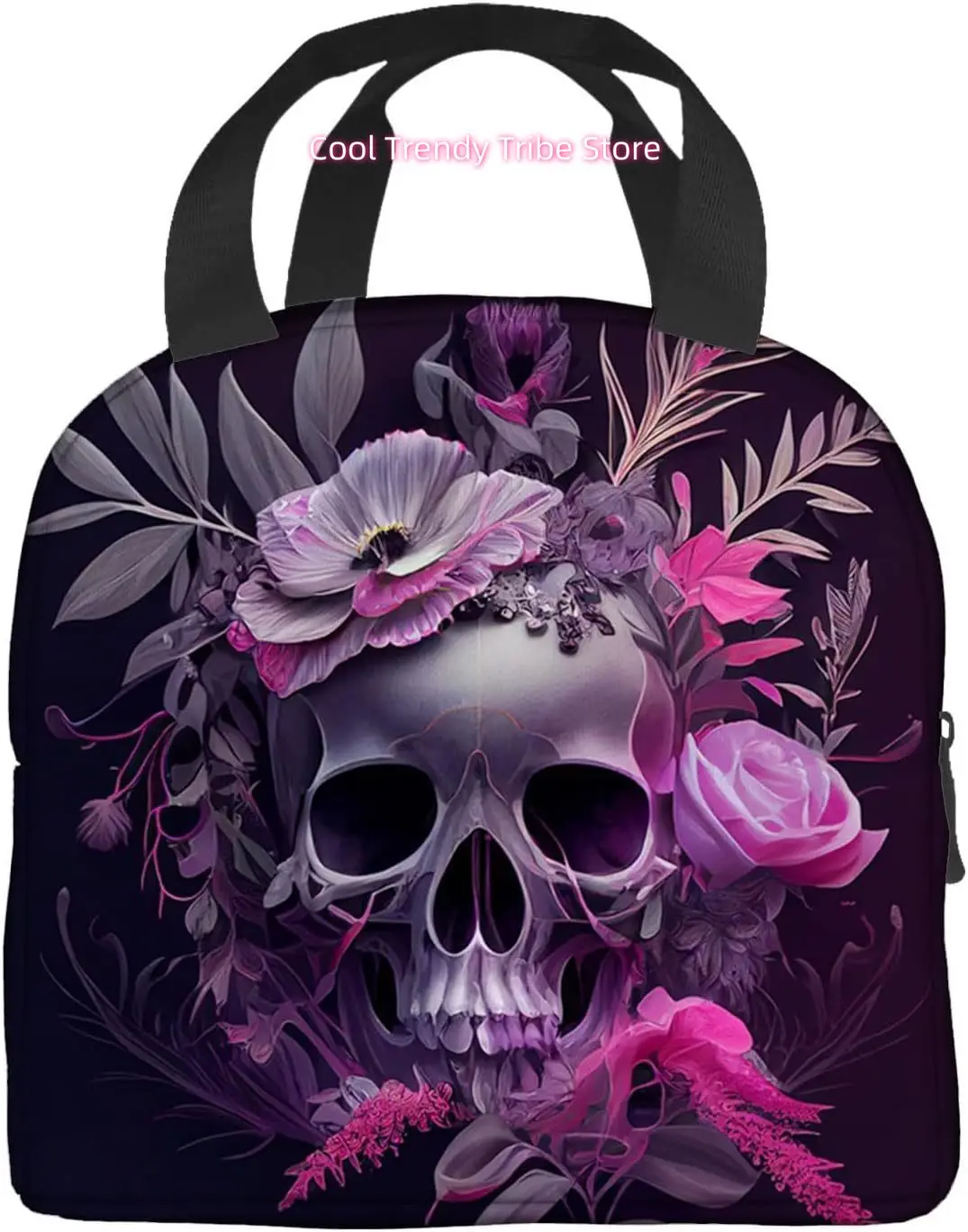 Skull with Flowers Blooming and LeavesInsulated Lunch Box Reusable Lunch Bag Cute Tote Lunch Bags For Women，8.5 * 5 * 8in