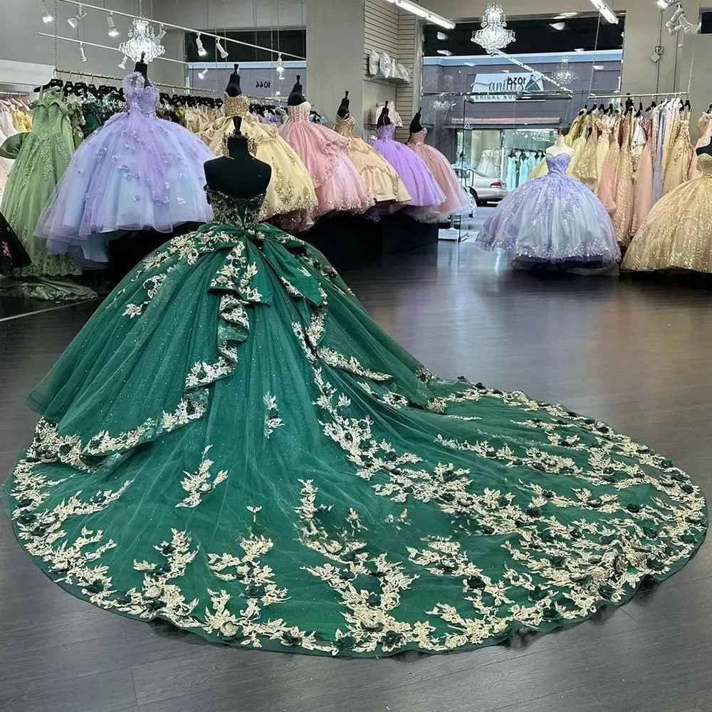 Vestidos de Quinceañera de princesa verde, vestido de baile, escote Corazón, apliques de tul, dulce 16 vestidos, 15 Años, mexicano