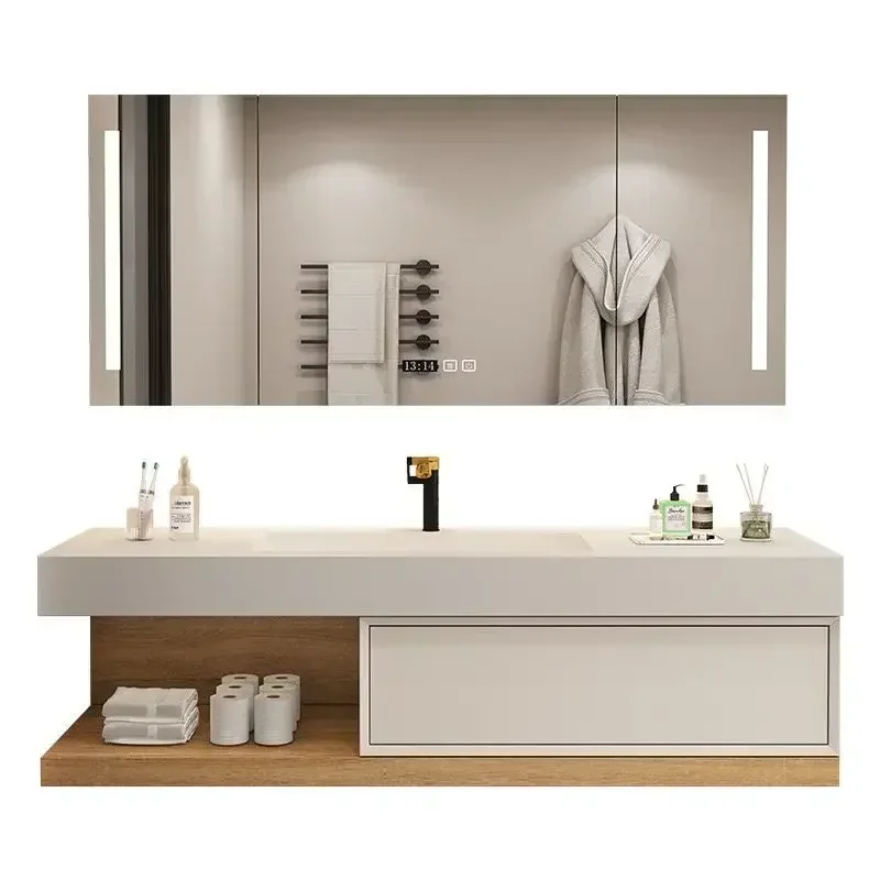 

Bathroom Furniture Solid Wood Cabinet with Slate Integrated Sink Wash Basin with Mirror Vanity Bathroom Vanity Muebles De Baño