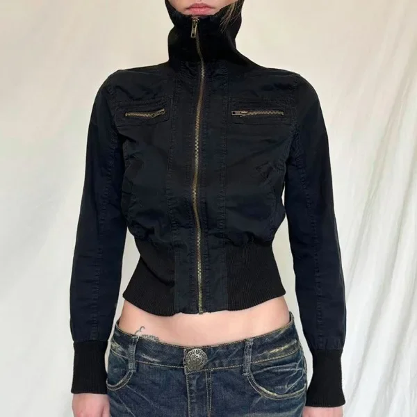 Ropa de calle negra con cremallera para mujer, novedad de invierno de 2025 con cuello alto, manga larga recortada, prendas de vestir Vintage Y2k para mujer, abrigos