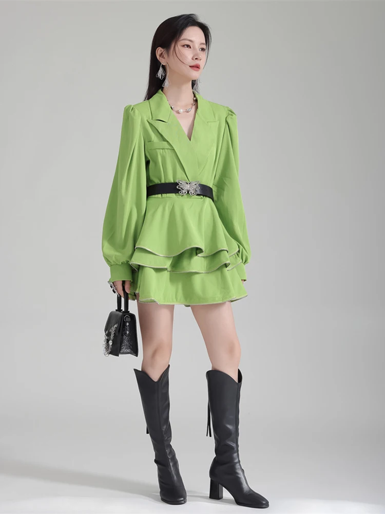 [EAM] Women Green Ruffles Elegant Mini Blazer Dress New Lapel Long Sleeve Loose Fit Fashion Tide Spring Autumn 2024 1DH2384