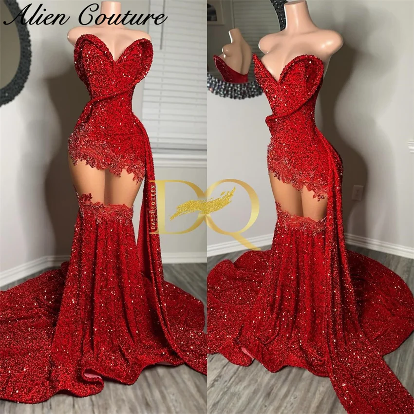 Glitter Red Long Mermaid Prom Dresses Sparkly Beading Crystals Diamonds Birthday Dress Evening Gown