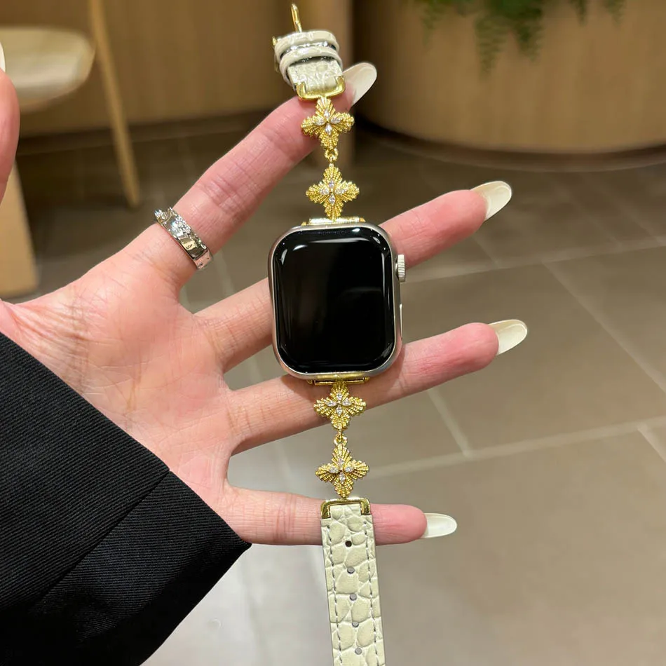 سوار فاخر من الألماس على شكل نجمة رباعية الرؤوس لساعة Apple Watch Series 10 9 8 7 6 SE 5 4 3 2 Ultra 46 مم 49 مم 45 مم 44 مم 42 مم 41 مم 40 مم 38 مم، حزام جلدي